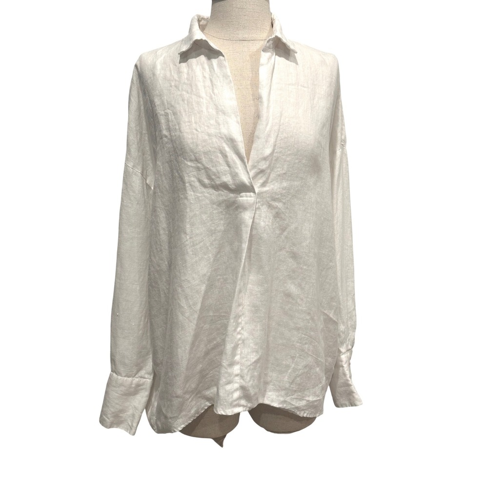 Zara Woman White 100% Linen Long Sleeve V-Neck Tunic Top Small Old Money Minimal
